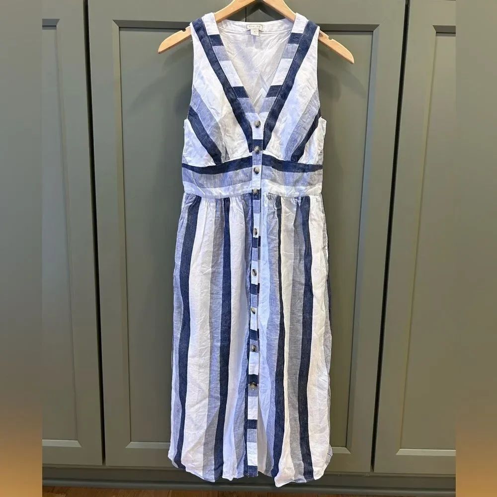Point Sur Linen Blue Striped Midi Dress